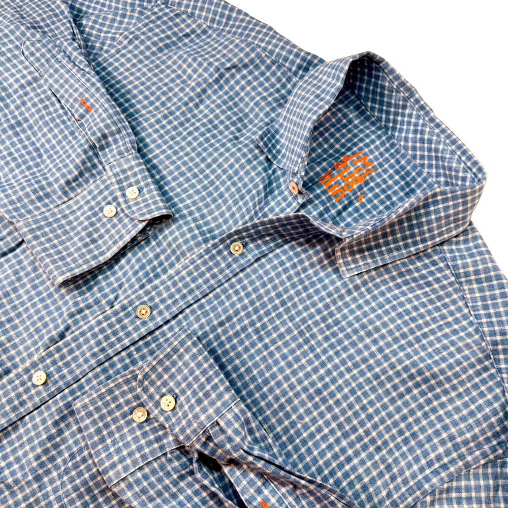 J.McLaughlin Men's Large‎ Linen Shirt Blue White Plaid Check Long Sleeve
